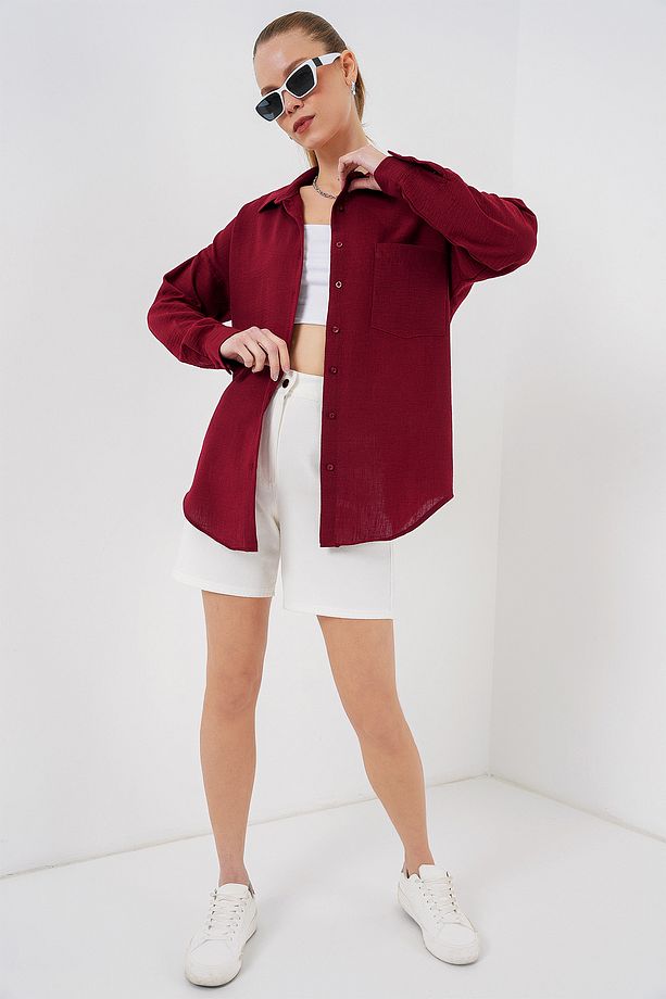 20153 Tek Cepli Oversize Keten Gömlek - Bordo - 2