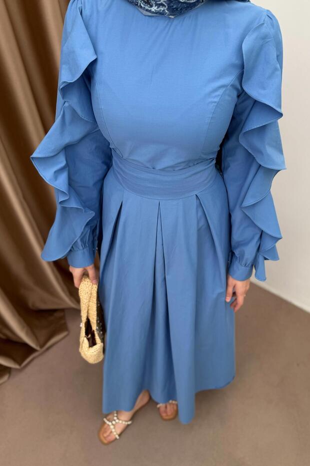 Fırfır Kol Poplin Elbise - Mavi - 4