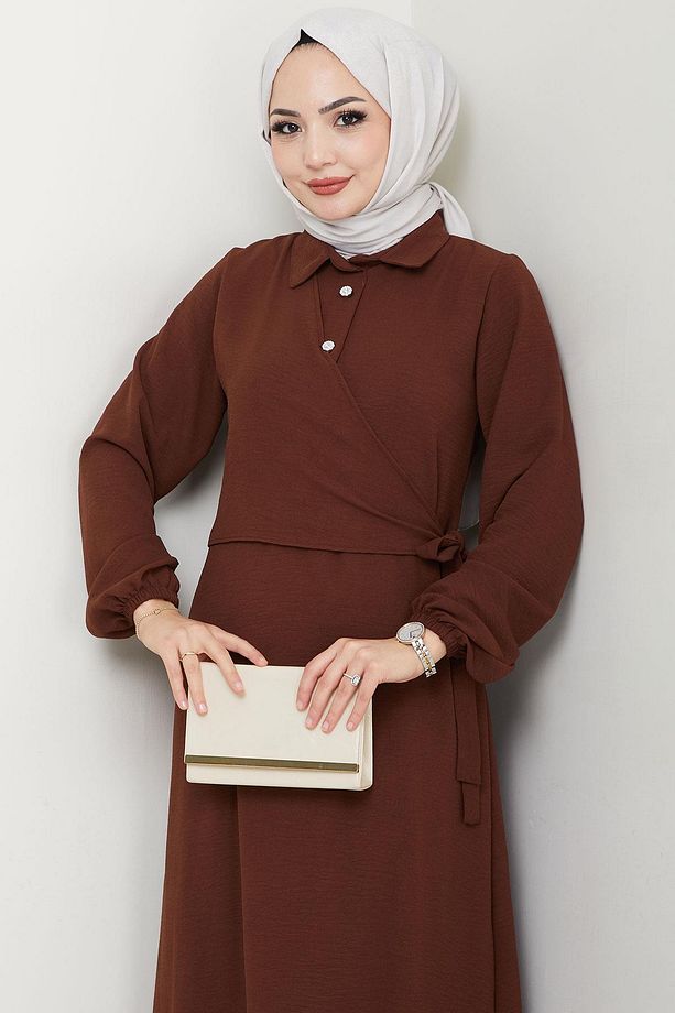 Yandan Bağlamalı Ayrobin Elbise Kahverengi HM2729 - 3
