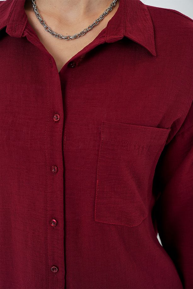 20153 Tek Cepli Oversize Keten Gömlek - Bordo - 5