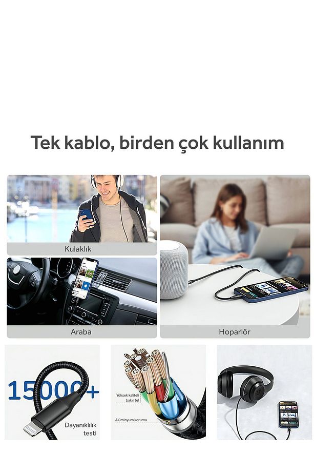Type C 1.2 M 2-in-1 Usb-c & Lightning 3.5 Mm Aux Stereo Ses Kablosu Yüksek Kaliteli Çevirici Adaptör - 2
