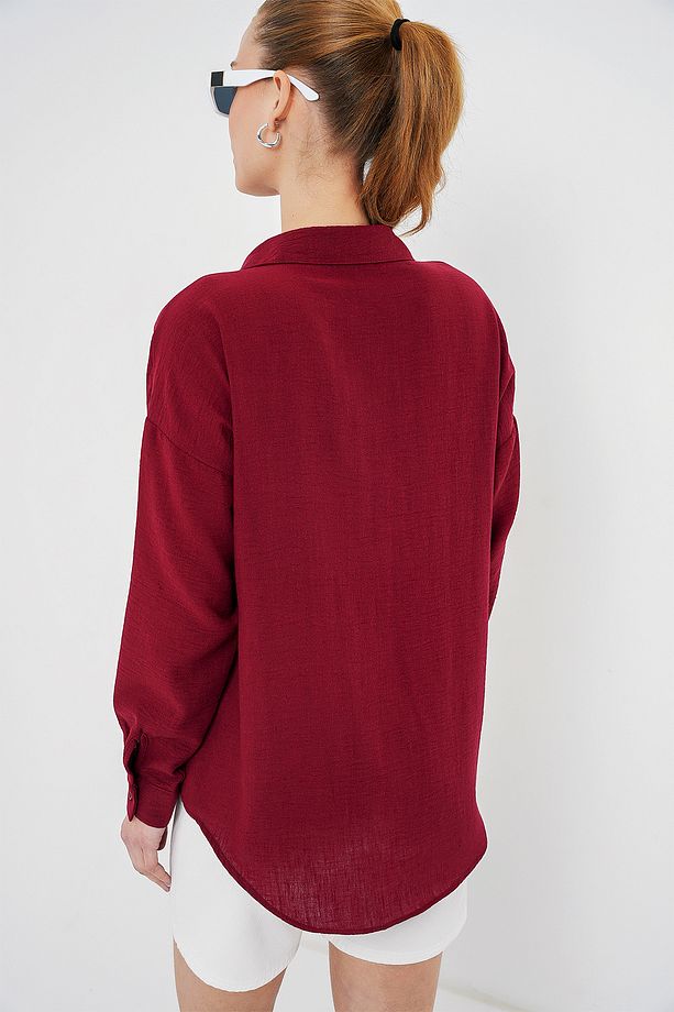 20153 Tek Cepli Oversize Keten Gömlek - Bordo - 6