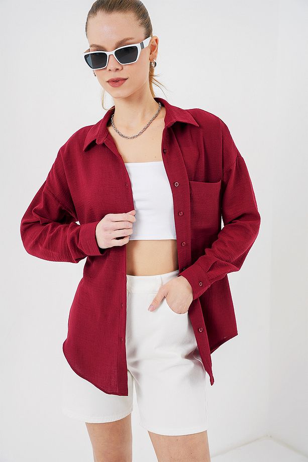 20153 Tek Cepli Oversize Keten Gömlek - Bordo - 4