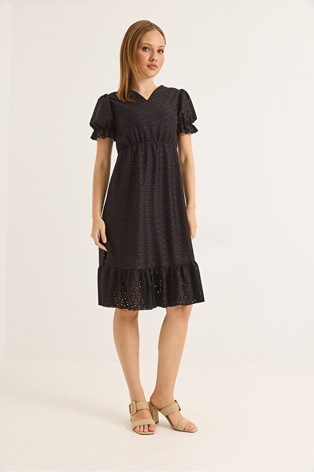 V-Neck Watermelon Sleeves Full Laced Lined Dress Black