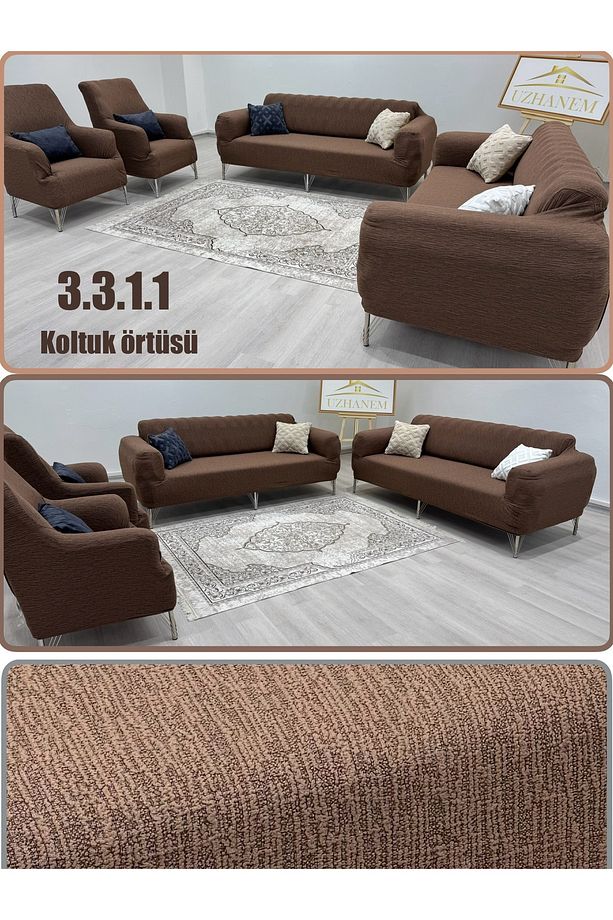 3+3+1+1 Streç Lastikli Esnek Yıkanabilir Pamuklu Jakarlı Koltuk Örtüsü Takımı Koltuk Kılıfı - 1