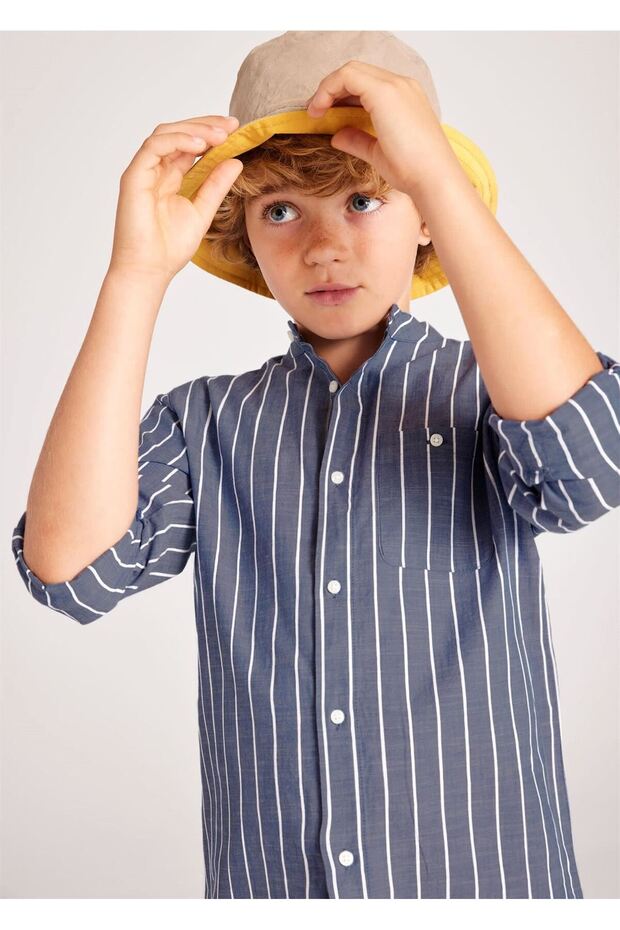 Male Child Stripe Mao Collar Long-Sleeve Shirt Blue 6141