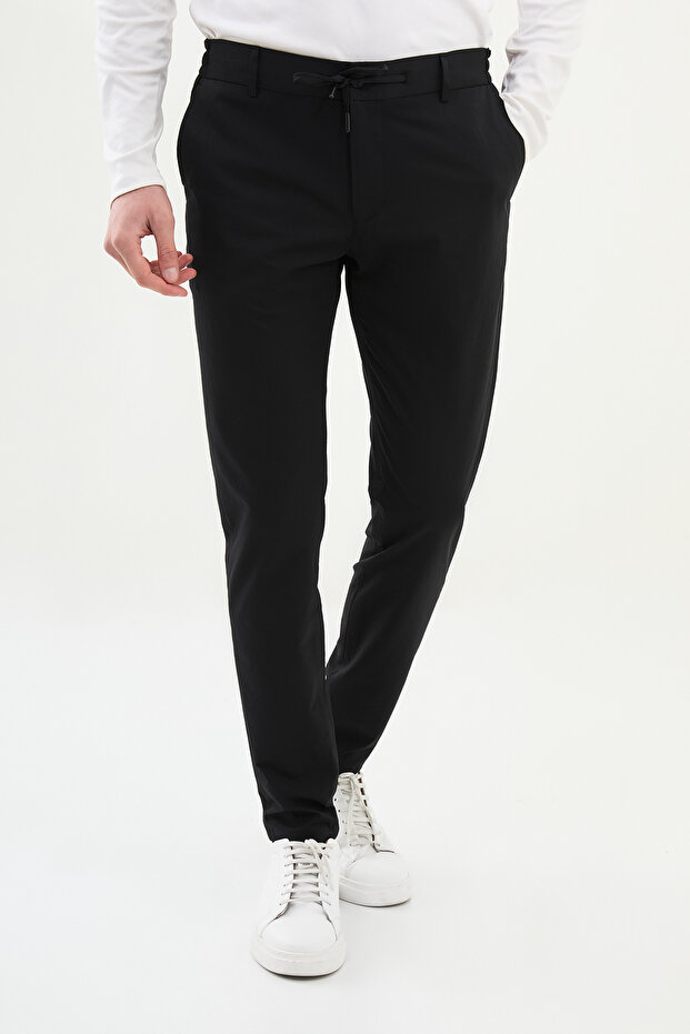 Gofreli Super Slim Fit Men's Trousers with Elastic Waistband and Drawstring Black - 38291.25Y