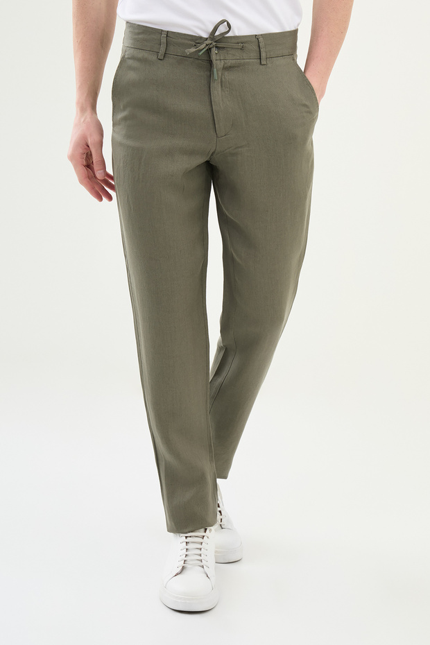Straight Slim Fit Elastic Waist Drawstring 100% Linen Men's Trousers Khaki - 38305.25Y