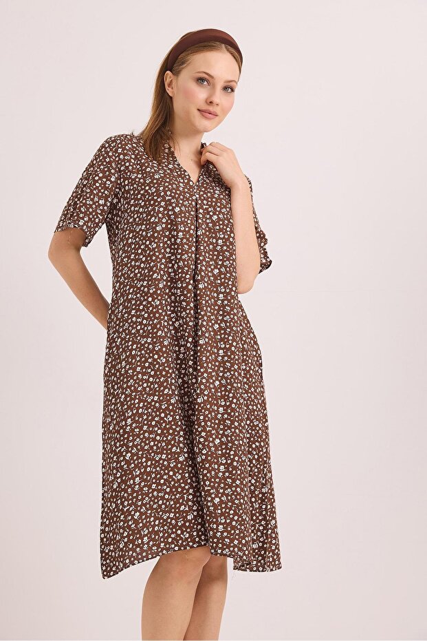 V-Neck Comfortable Fit Woven Viscose Dress Brown