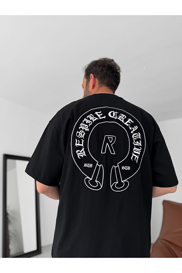 Siyah Creative Nakışlı Oversize T-Shirt RES-5245 - 3