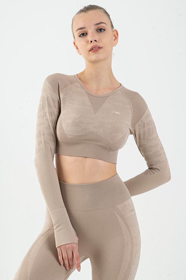 MARATON SlimFit Kadın Bisiklet Yaka Açık Vizon Crop Top