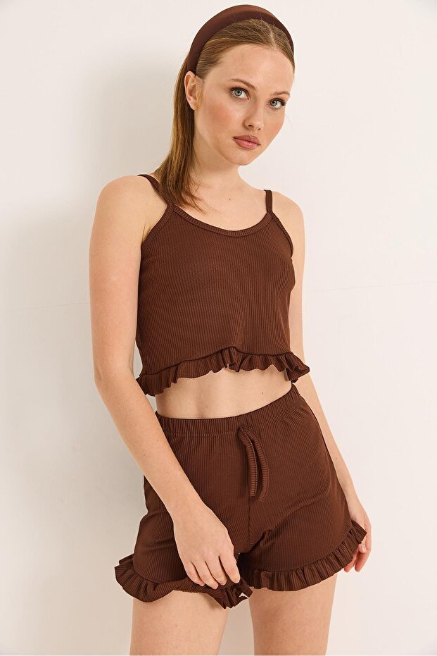 Strappy Ruffle Shorts Suit Brown