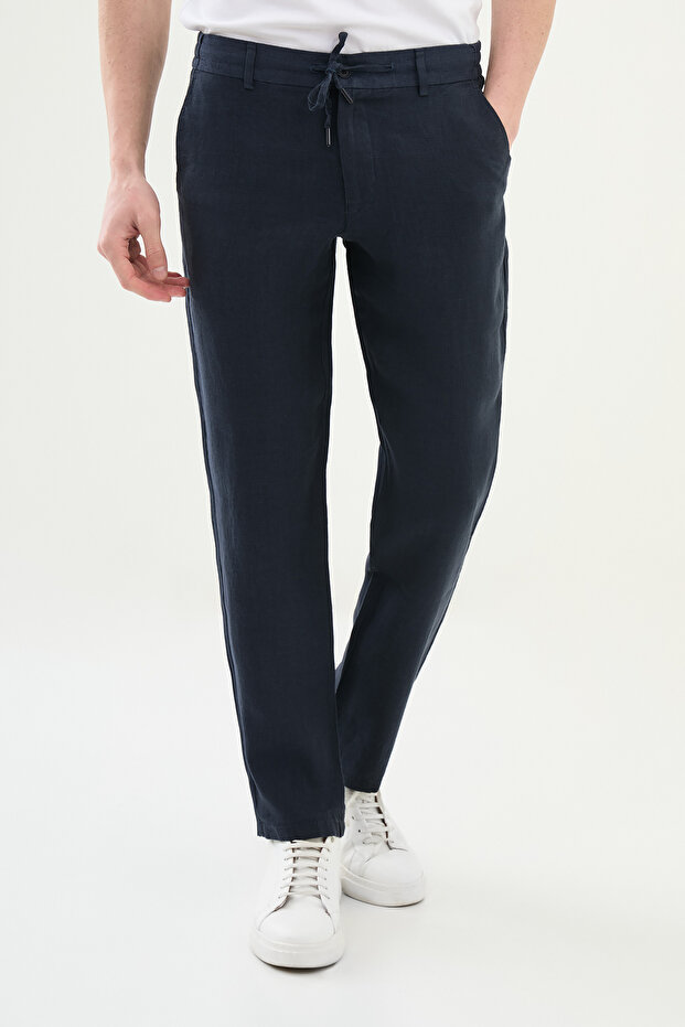 Straight Slim Fit 100% Linen Men's Trousers Navy Blue - 38300.25Y