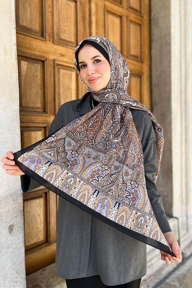 Sultan Fresh Pamuk Şal - Saray Bahçesi Deseni - SLF003-07 - Siyah, Lacivert, Lila, Sarı - 1