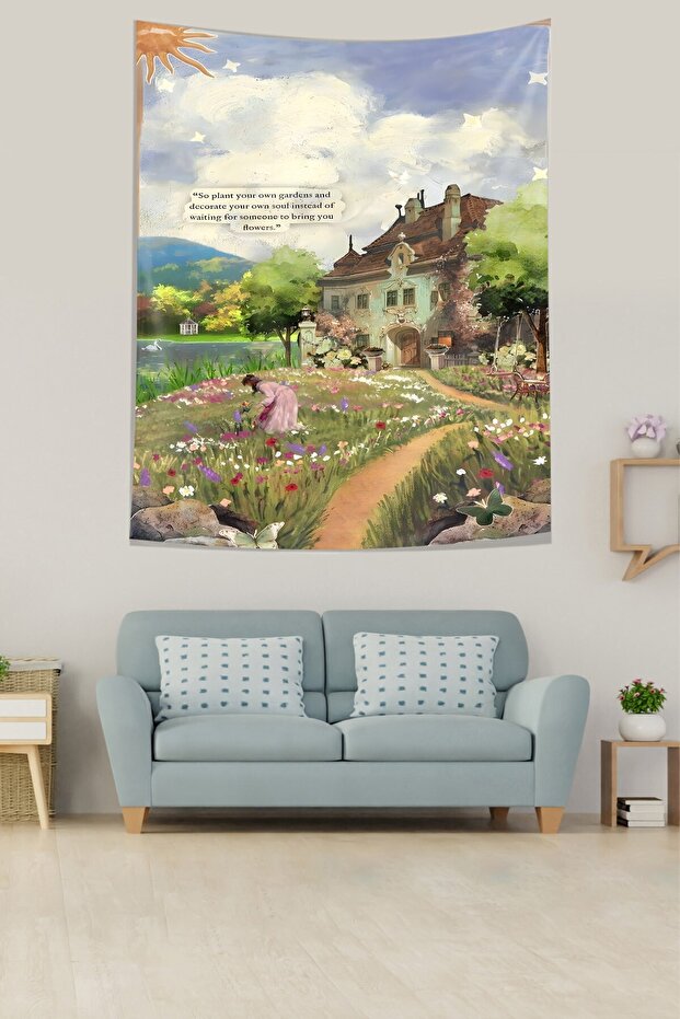 Spring Flowers in the Village Artistic Colorful Stain Resistant Fabric Wall Cover Wall Tapestry Tapestry