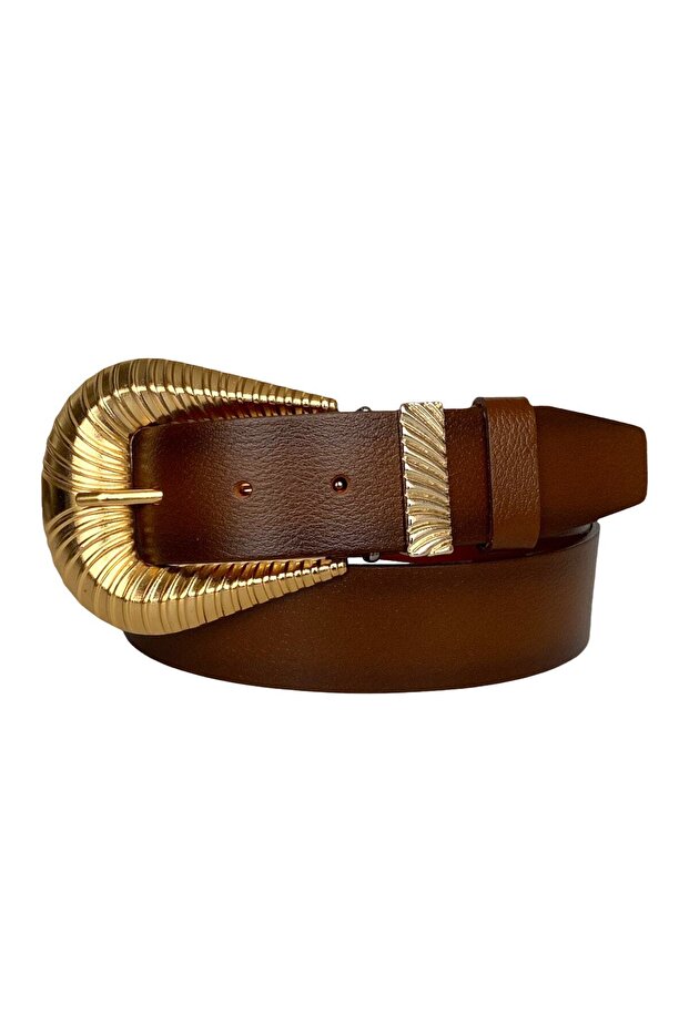 100% Genuine Leather, Brown Women's Jeans Belt with Large Gold Buckle and Metal Bridge 4 Cm=an-byn-65