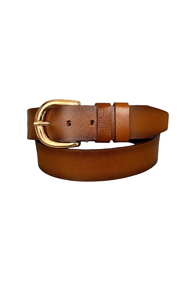 100% Genuine Leather, Brown Women's Jeans with Gold Buckle, Sports Belt 4 Cm=an-byn-26