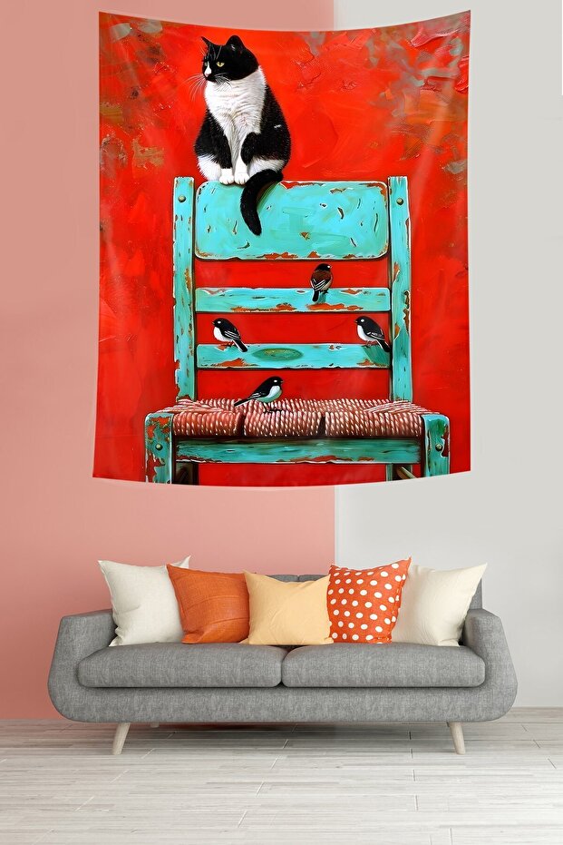 Cat on a Wooden Chair Birds Stain Resistant Fabric Wall Cloth Wall Tapestry Tapestry