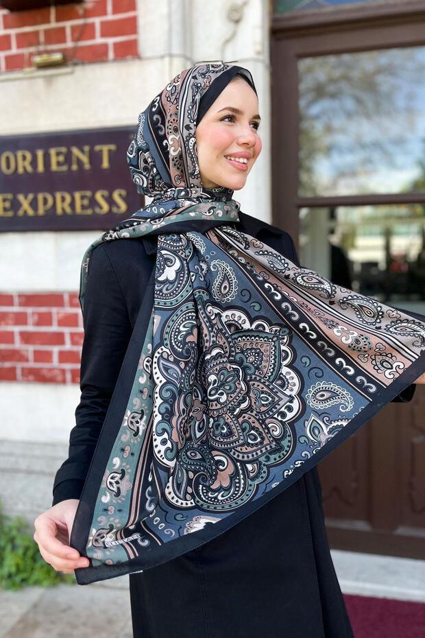 Sultan Fresh Pamuk Şal - Orient Express Modeli - SLF001-13 - Yeşil, Siyah, Füme - 3
