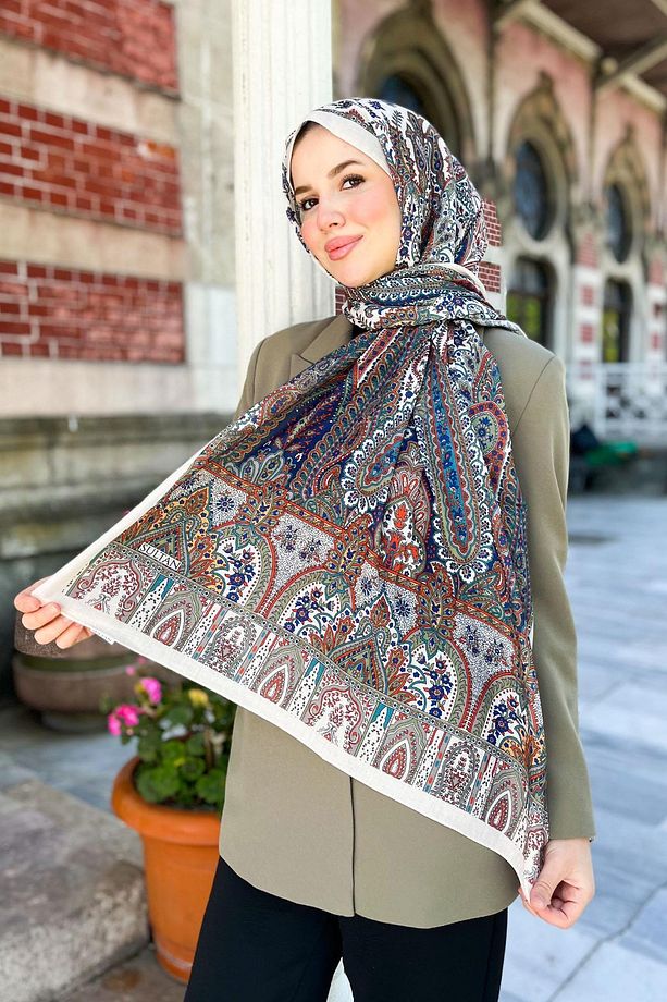 Sultan Fresh Pamuk Şal - Saray Bahçesi Deseni - SLF003-05 - Krem, Lacivert, Yeşil - 1