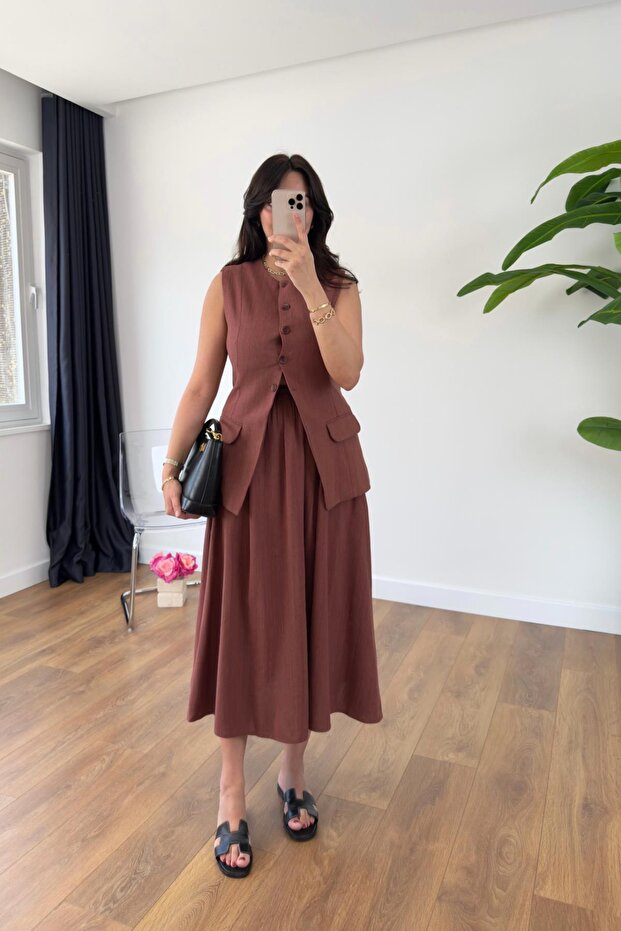 Tile 100% Cotton Pocket Cover Vest Skirt Set - 8656