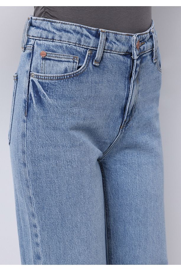 Regular Fit Yüksel Bel Geniş Paça Kadın İndigo Jean Pantolon - 5