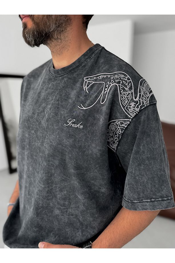 Siyah Yıkamalı Snake Baskılı Oversize T-Shirt RES-5247 - 5