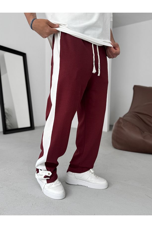 Bordo Paça Düğmeli Şeritli Boru Paça Eşofman RES-5136 - 4