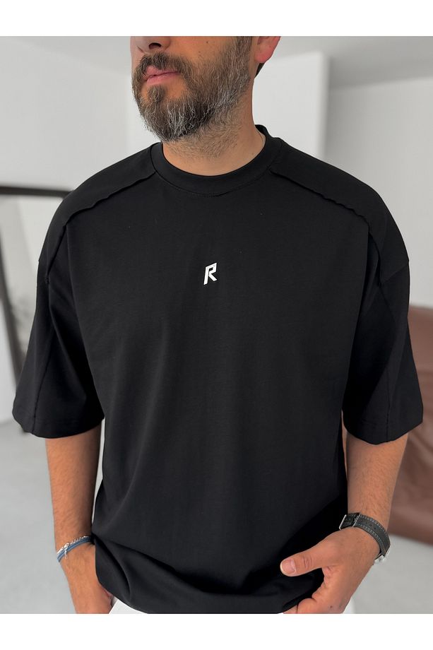 Siyah Parlak R Baskılı Oversize T-Shirt RES-5237 - 3