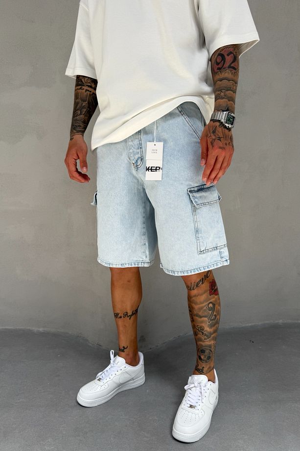 Buz Mavi Denim Kumaş Kar Yıkama Erkek Kargo Cep Jean Kot Şort Mz537 - 3