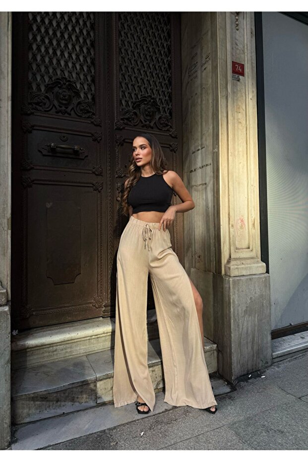 Women's Beige Modal Slit High Waist Palazzo Pants