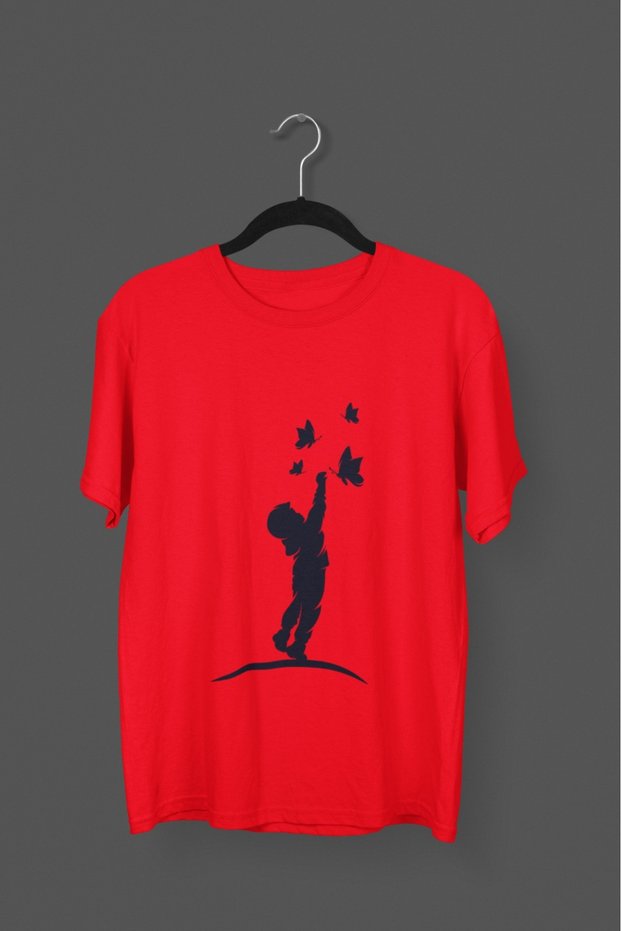 Men/Women -Children and Butterflies- Transfer Printed Round Neck Short Sleeve T-Shirt