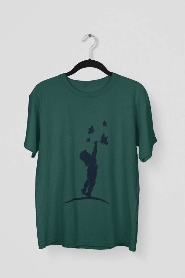 Men/Women -Children and Butterflies- Transfer Printed Round Neck Short Sleeve T-Shirt