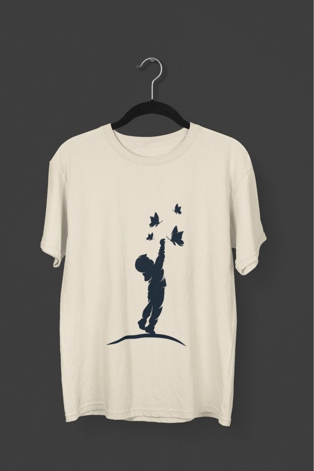 Men/Women -Children and Butterflies- Transfer Printed Round Neck Short Sleeve T-Shirt