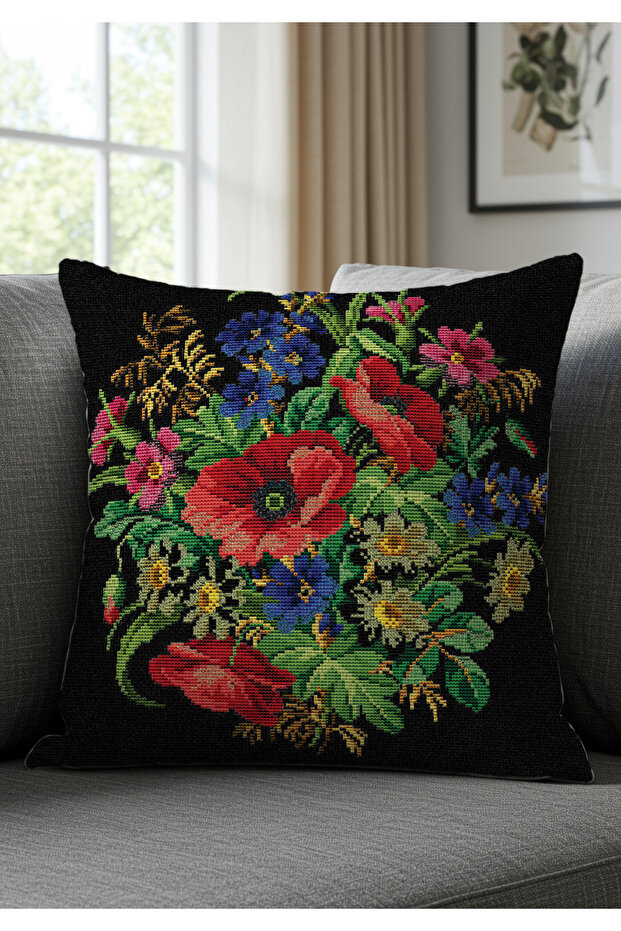 Cross Stitch Black Background Red Rose Patterned Digital Printed Set of 2 Throw Pillow Cases - 4
