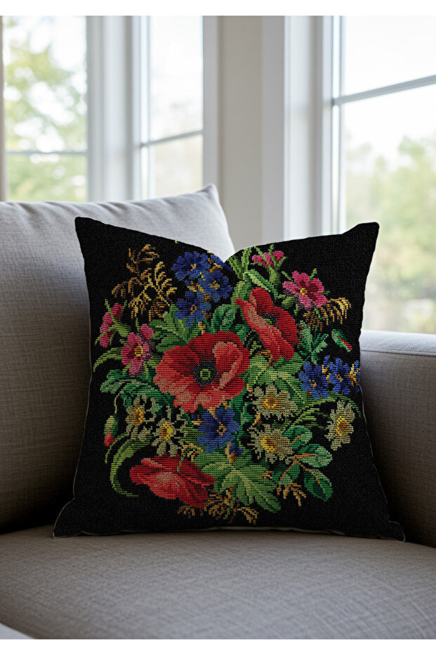 Cross Stitch Black Background Red Rose Patterned Digital Printed Set of 2 Throw Pillow Cases - 3