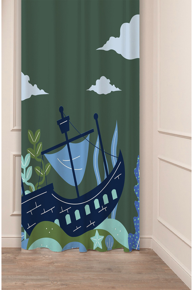 Ship Star Sea Cloud Leaf Bohemian Patterned Special Design Digital Printed (Single Wing) Stylish Background Curtain