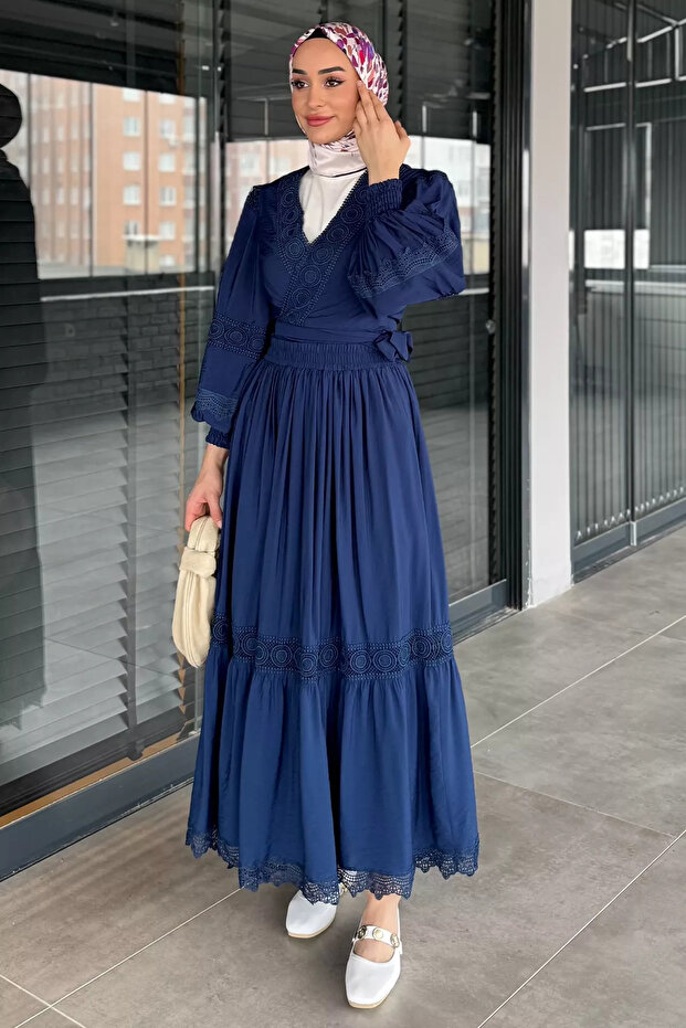 Navy Blue Scalloped Waist Tie Shirt Skirt Hijab Double Set (S-M-L Is Suitable)
