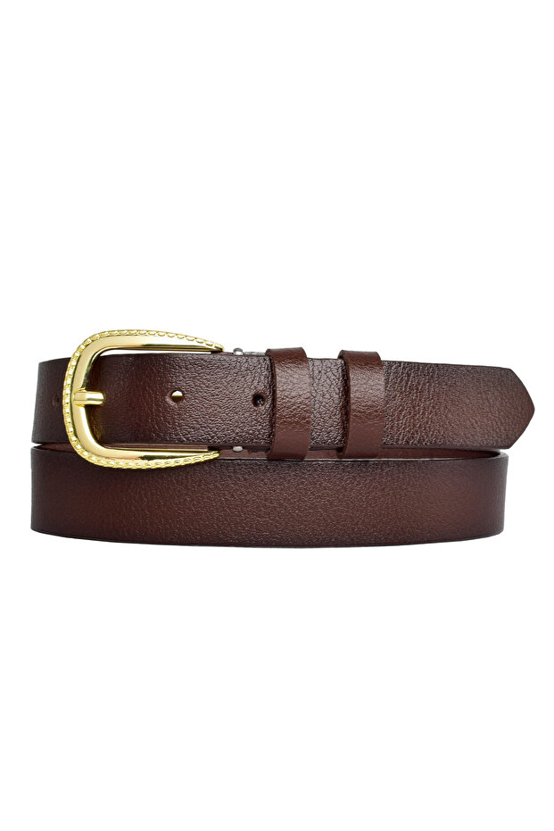 100% Genuine Leather, Gold Buckle 3 Cm Dark Brown Women's Belt; Dress, Trouser Belt = 3cm-kdn-31