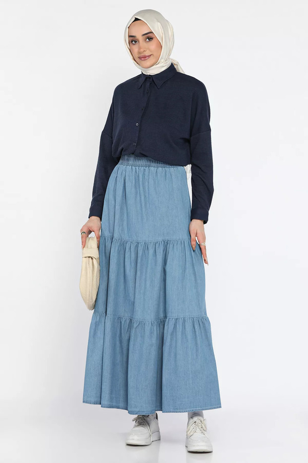 Blue Women's Elastic Waist Pleated Layered Hijab Denim Skirt