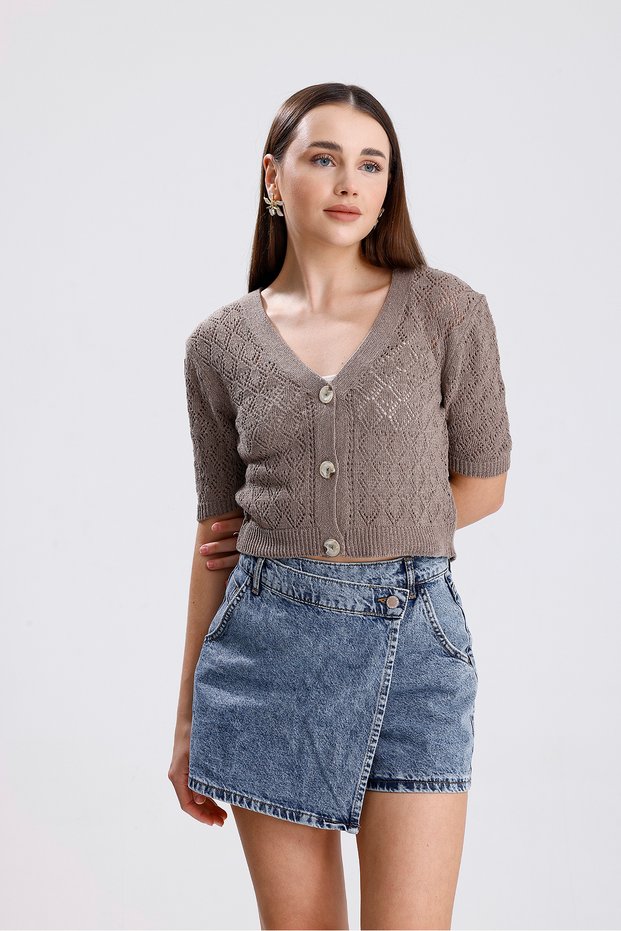 BAGGED HOLE SHORT SLEEVE SEASONAL KNITWEAR CARDIGAN