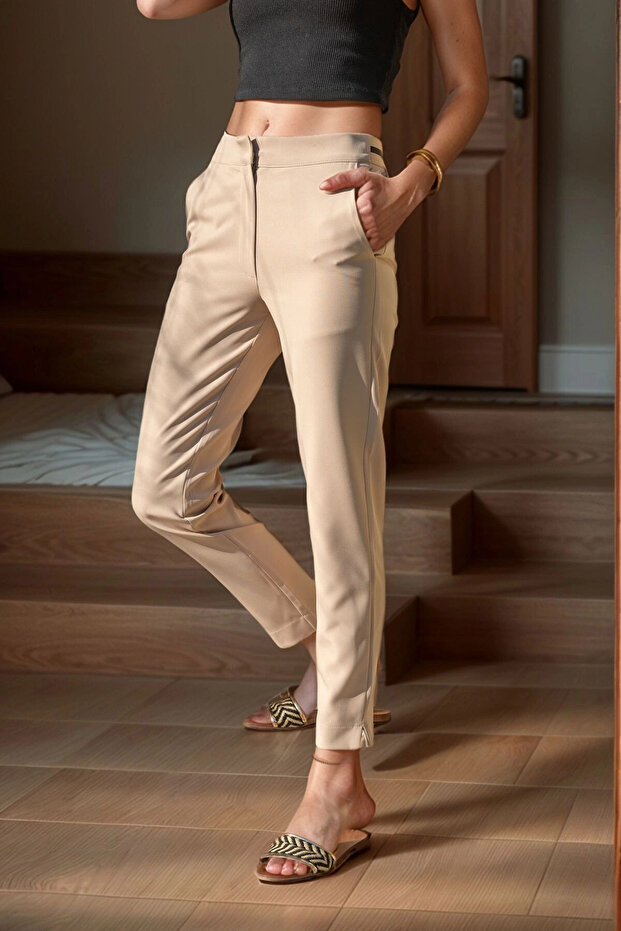 Beige High Waist Striped Pencil Pants