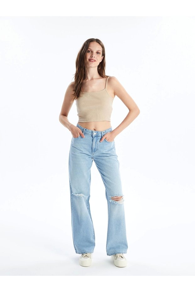 Lcw Jeans Indigo Wideleg Women's Jean Pants with Ripped Detail