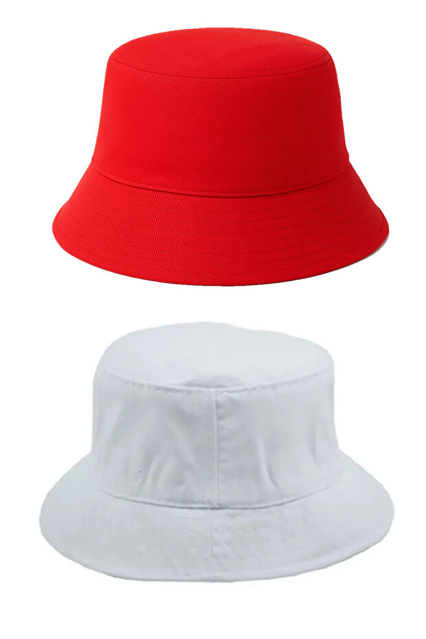 2-Pack Summer Fabric Bucket Hats, Men's and Women's Plain Fisherman Bucket Hats, Unisex Red-White