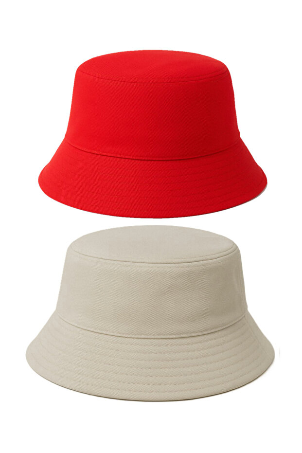 Double Layer Summer Fabric Bucket Hat, Men's and Women's Plain Fisherman Bucket Hat, Unisex Cream-Red
