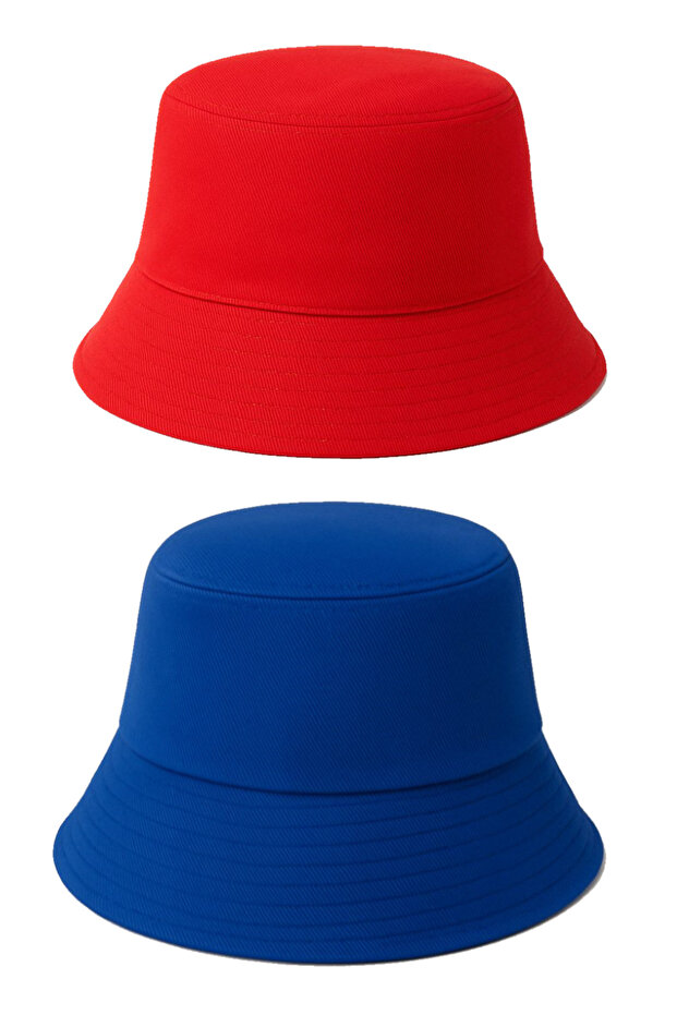 Double Layer Summer Fabric Bucket Hat, Men's and Women's Plain Fisherman Bucket Hat, Unisex Red-Blue