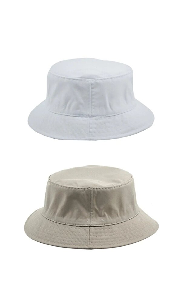 Double Summer Fabric Bucket Hat, Men's Women's Plain Fisherman Bucket Hat, Unisex Cream-White