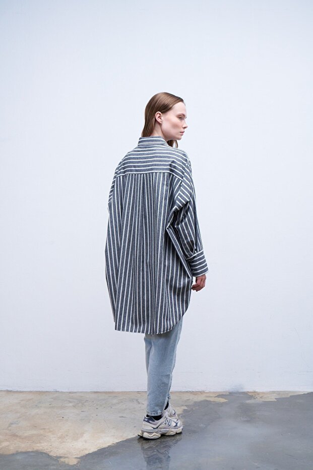 Oversize Çizgili Gömlek Siyah - 1