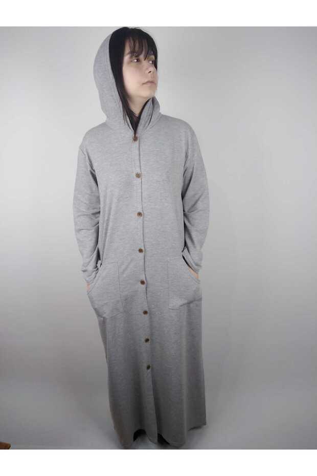 Women's Gray Button Hooded Long Sleeve Double Pocket Long Seasonal Cap