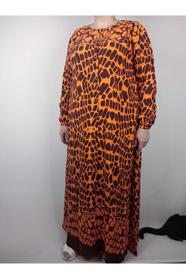 Women's Orange Crew Neck Long Sleeve Sleeve Ankle Elastic Summer Viscose Long Dress Pulls 2 cm Water